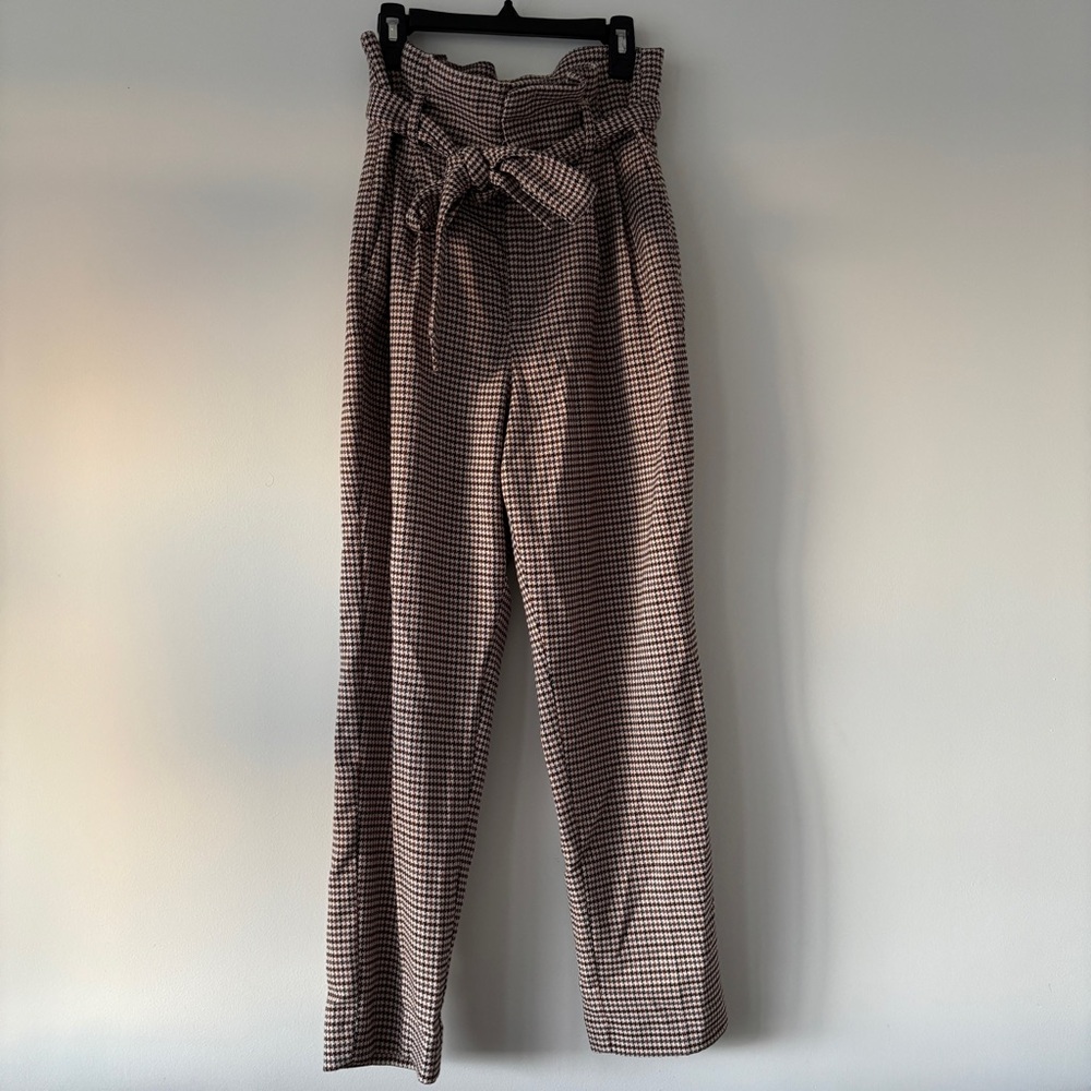 H&M high waisted Paperbag Waist Trousers Brown Houndstooth check belted Size 4 - Picture 2 of 7